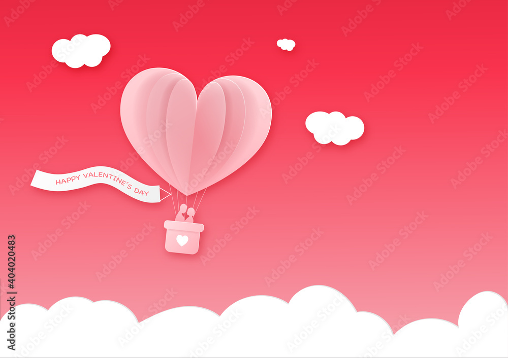 Heart air balloon with couple lover silhouette floating over the sky.
