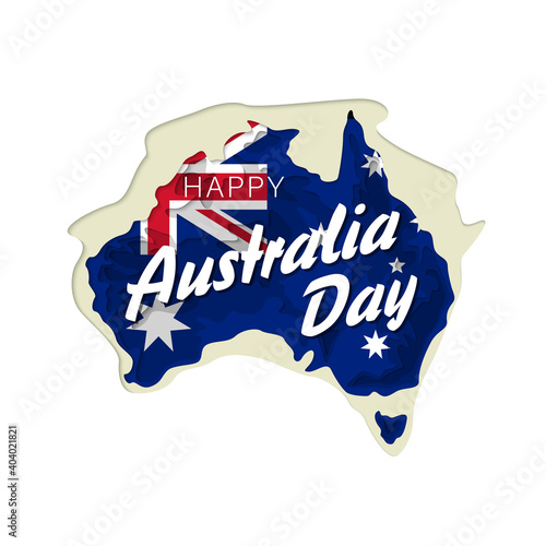 Happy Australia day lettering. Map of Australia paper cut with flag. illustration