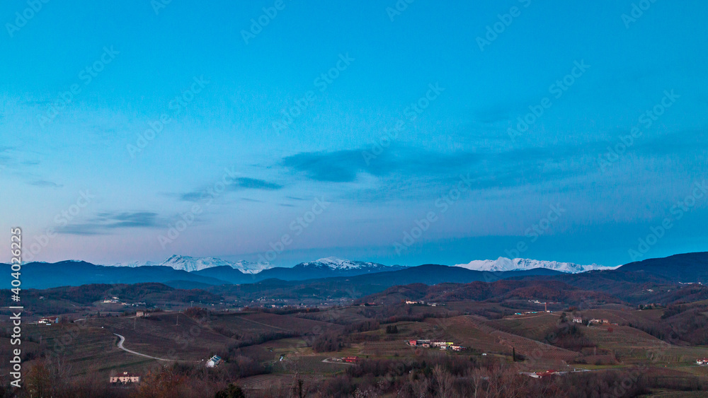 Winter sunset in the vineyards of Collio Friulano