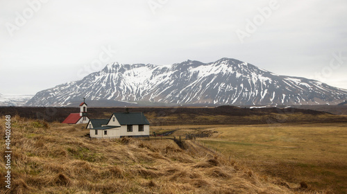 Panorama view of historical traditional green grass Keldur Turf House sod nature farm museum Hella South Iceland