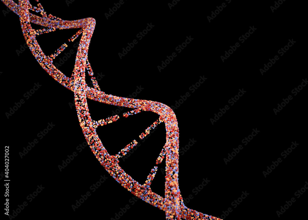 Close up of DNA structure on black background. 3D illustration