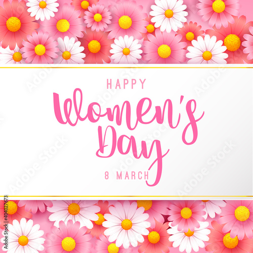 Happy women day 8 march text calligraphy with beautiful flower background 002
