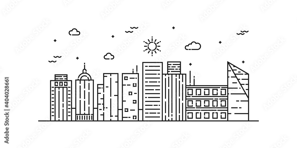 City landscape line art vector. Thin line city landscape with building, clouds, sun. Vector illustration.