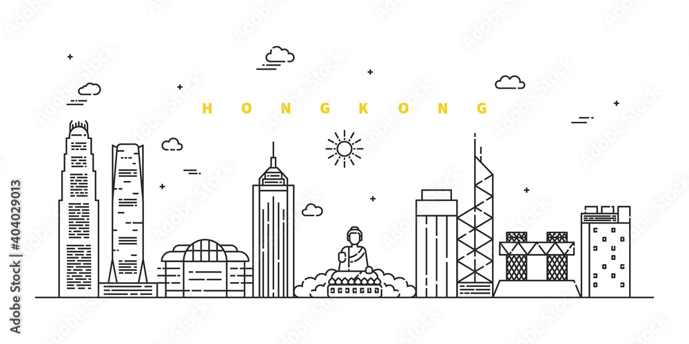 Hong Kong city. Modern flat line landscape vector. City line art illustration with building, tower, skyscrapers. Vector illustration.