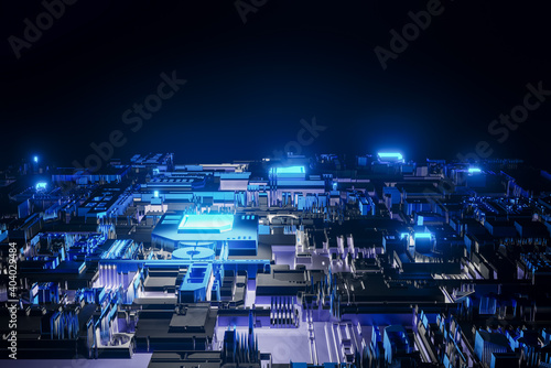 Abstract technology chip processor background circuit mother board and energy lights, 3D illustration