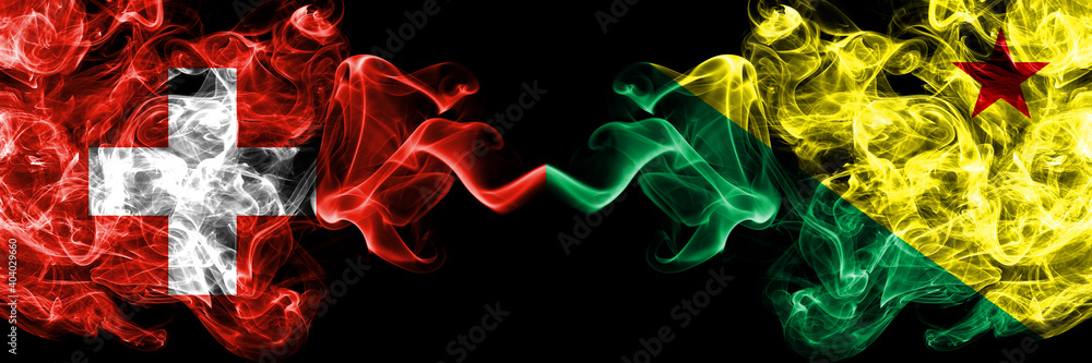 Fototapeta premium Switzerland, Swiss vs Brazil states Acre smoky mystic flags placed side by side. Thick colored silky abstract smoke flags.