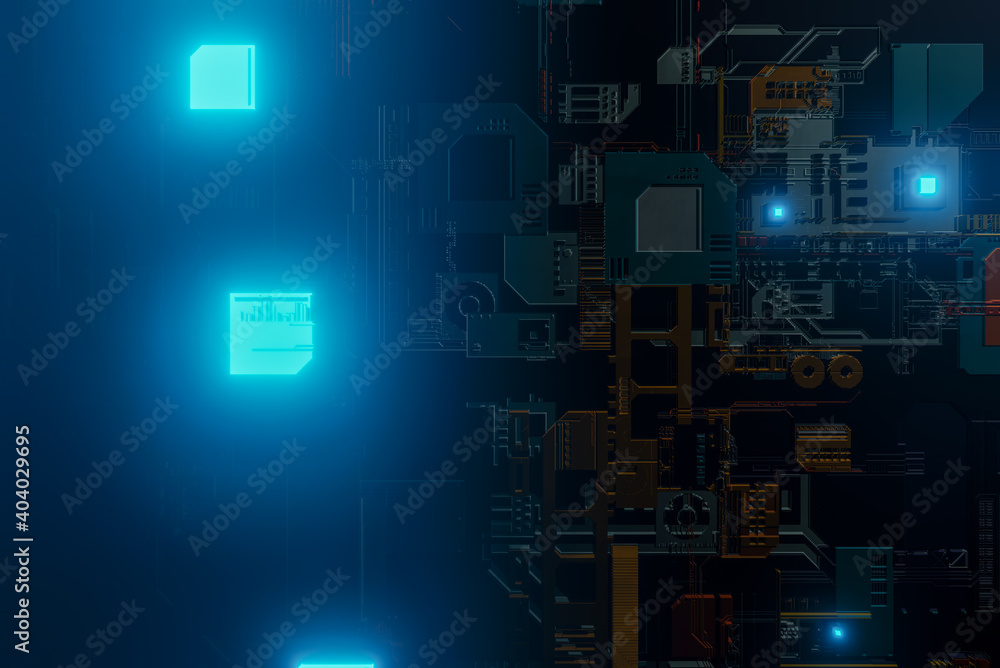 Abstract technology chip processor background circuit mother board and energy lights, 3D illustration