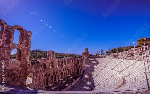 Herodion ancient open theatre and Athens city's panoramic view, Greece