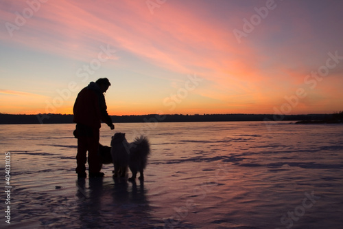 Silhouette of a man and two dogs at sunset on the ice of a frozen lake. Winter background © iritetereva