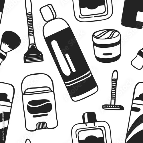 Fototapeta Naklejka Na Ścianę i Meble -  Hand drawn seamless pattern with male cosmetics. Vector illustration. Actual background with beauty products. Original doodle style drawing Bath Things. Creative ink art work