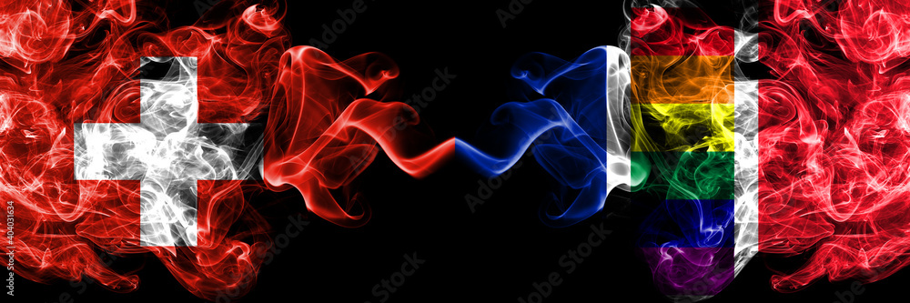 Naklejka premium Switzerland, Swiss vs France Gay flag smoky mystic flags placed side by side. Thick colored silky abstract smoke flags.