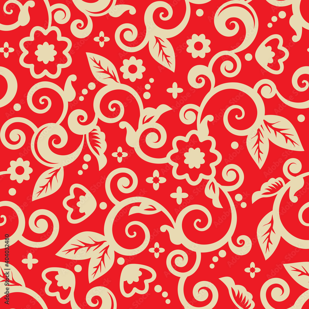 Red and gold seamless floral pattern for backgrounds, wallpapers, prints, wrapping papers, etc., with scrolls and swirls and abstract flowers
