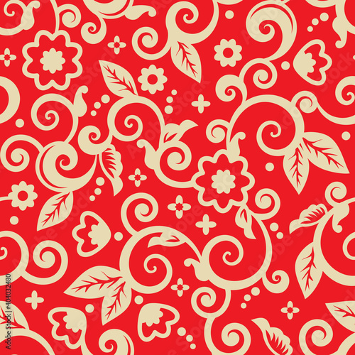 Red and gold seamless floral pattern for backgrounds, wallpapers, prints, wrapping papers, etc., with scrolls and swirls and abstract flowers 