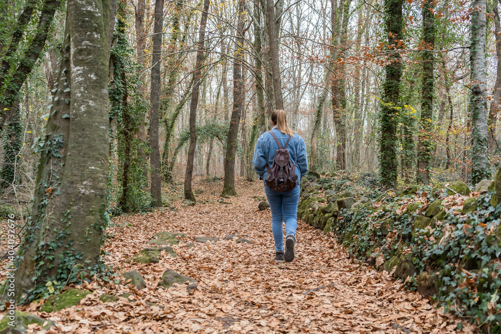 Stylish woman with backpack walking in forest, back view in autumnal scenery.Wanderlust and travel lifestyle concept. Stylish woman with backpack walking in forest, back view in autumnal scenery.Wanderlust and travel lifestyle concept.