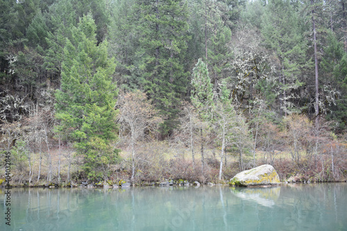 Shot of reflections of  pine trees and rocks reflections in Lewiston Lake, California photo