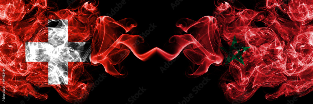 Switzerland, Swiss vs Morocco, Moroccan smoky mystic flags placed side by side. Thick colored silky abstract smoke flags. Switzerland, Swiss vs Morocco, Moroccan smoky mystic flags placed side by side. Thick colored silky abstract smoke flags.