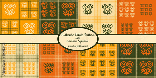 Collection of seamless authentic fabric patterns with african adinkra symbols designed for web, fabric, paper and all prints  photo