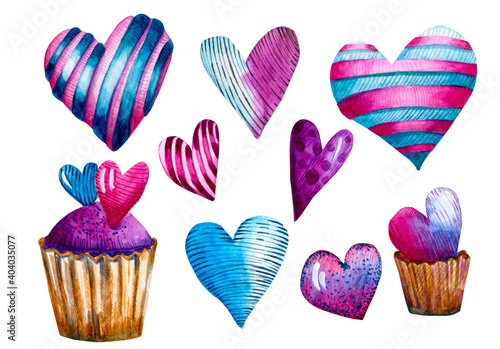 Set of watercolor hearts for Valentine's Day. Cupcakes with a heart, different hearts. Blue, pink, purple colors. Design for greeting cards, holiday cards, stickers