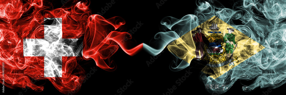 Switzerland, Swiss vs United States of America, America, US, USA, American, Delaware smoky mystic flags placed side by side. Thick colored silky abstract smoke flags. Switzerland, Swiss vs United States of America, America, US, USA, American, Delaware smoky mystic flags placed side by side. Thick colored silky abstract smoke flags.
