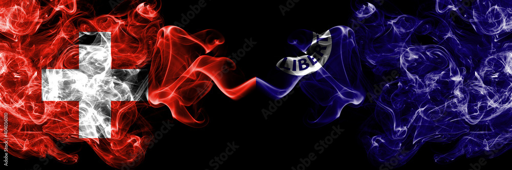 Switzerland, Swiss vs United States of America, America, US, USA, American, Fort Moultrie, South Carolina smoky mystic flags placed side by side. Thick colored silky abstract smoke flags. Switzerland, Swiss vs United States of America, America, US, USA, American, Fort Moultrie, South Carolina smoky mystic flags placed side by side. Thick colored silky abstract smoke flags.