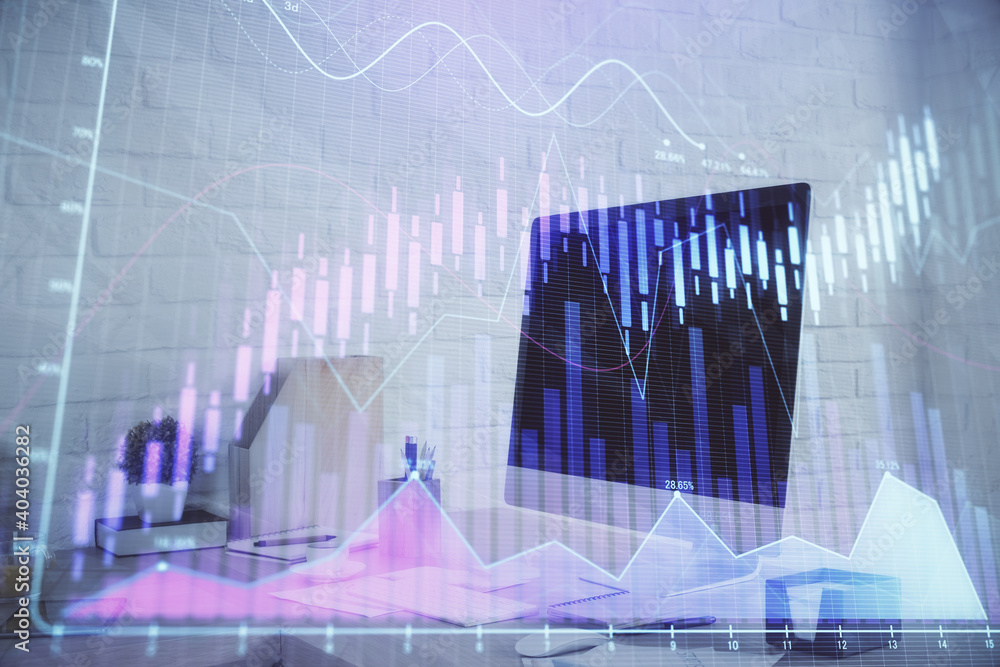 Double exposure of stock market graph drawing and office interior background. Concept of financial analysis. Double exposure of stock market graph drawing and office interior background. Concept of financial analysis.