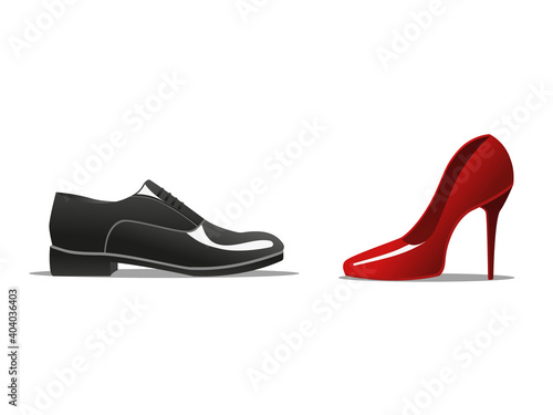 3D render of black leather male and female red high-hilled shoe placed opposite each other on white background-vector image attitude expressed via shoes portraits