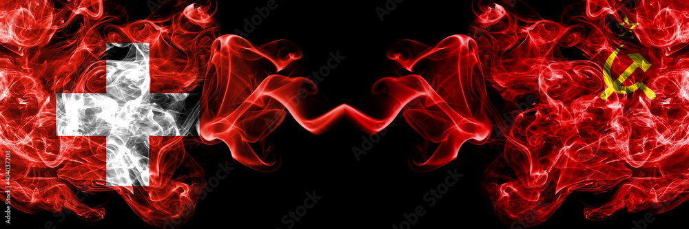 Switzerland, Swiss vs USSR, Soviet, Russia, Russian, Communism smoky mystic flags placed side by side. Thick colored silky abstract smoke flags. Switzerland, Swiss vs USSR, Soviet, Russia, Russian, Communism smoky mystic flags placed side by side. Thick colored silky abstract smoke flags.