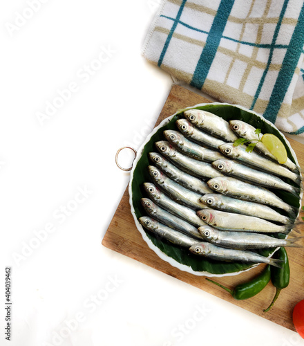 Closeup view of Fresh Indian oil Sardine decorated with herbs and vegetables,Selective focus.White Background. photo