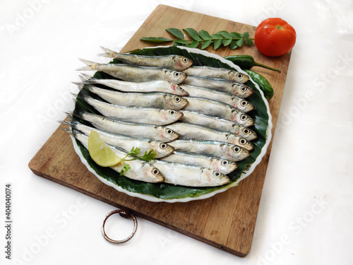 Closeup view of Fresh Indian oil Sardine decorated with herbs and vegetables,Selective focus.White Background. photo