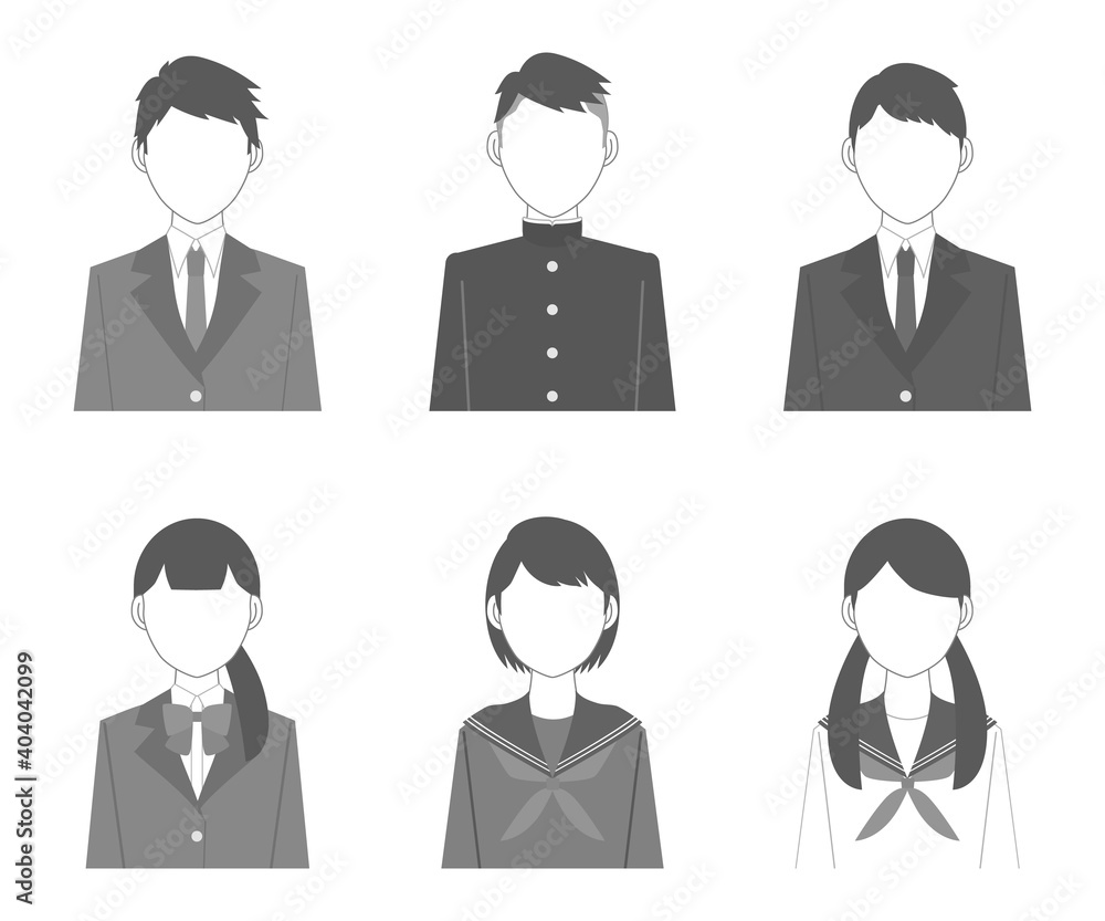 日本の中学生・高校生の人物イラストセット(白黒) 日本の中学生・高校生の人物イラストセット(白黒)