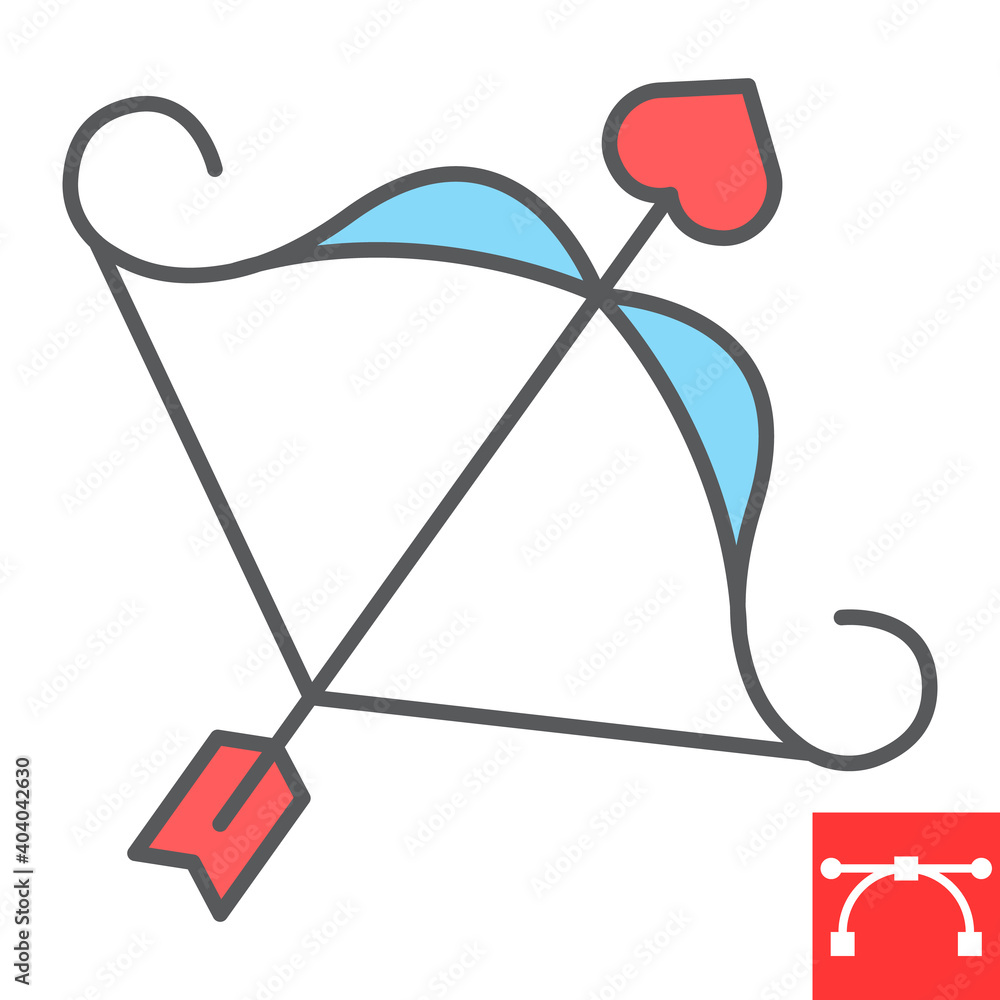 Cupid bow color line icon, valentines day and love, arrow with heart sign vector graphics, editable stroke filled outline icon, eps 10. Cupid bow color line icon, valentines day and love, arrow with heart sign vector graphics, editable stroke filled outline icon, eps 10.