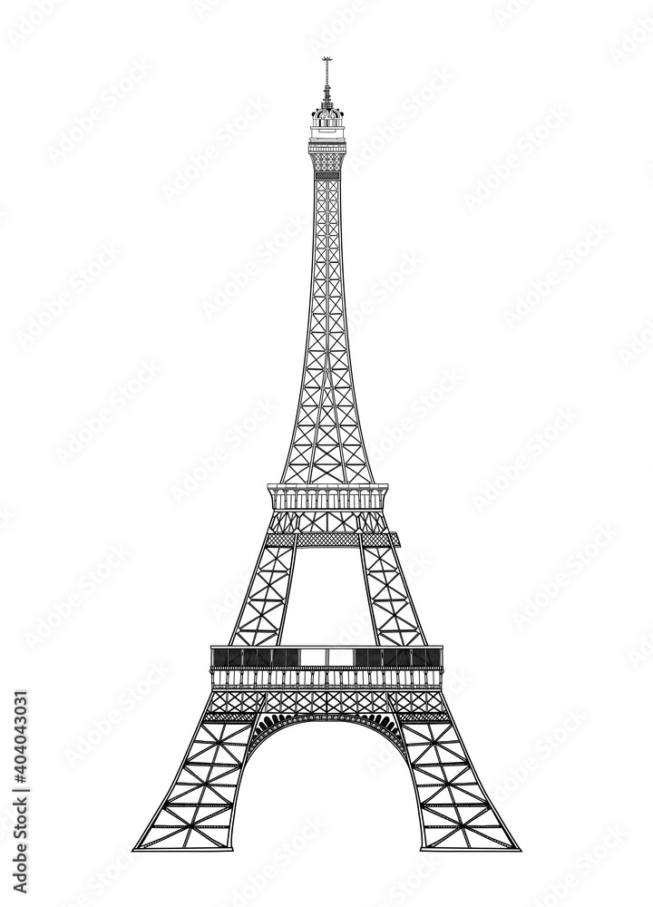 Vector illustration of Eiffel Tower on black and white sketch style