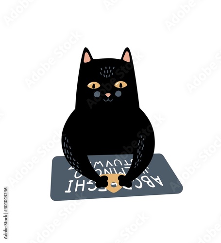 Vector cartoon black cat with ouija board. Magical character, magic, spiritual isolated on white background
