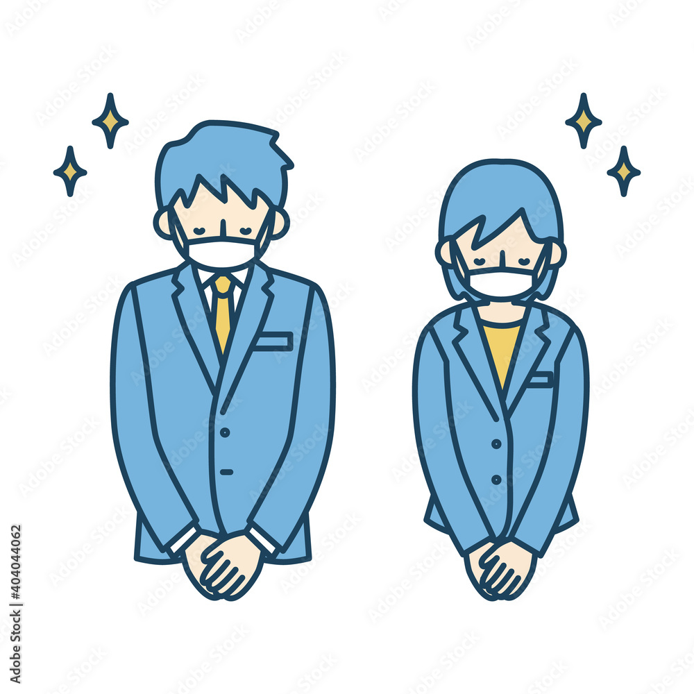 お辞儀をする5人のスーツ姿の男性と女性のイラスト