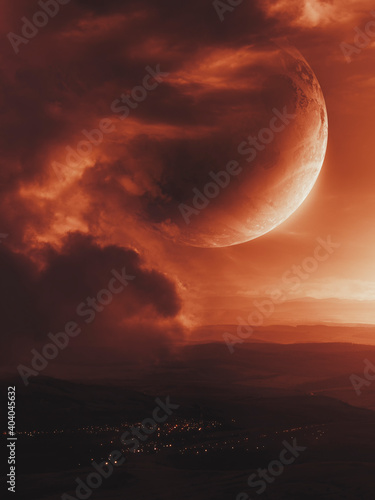 surreal sci fi landscape, planet and storm clouds on the red sky