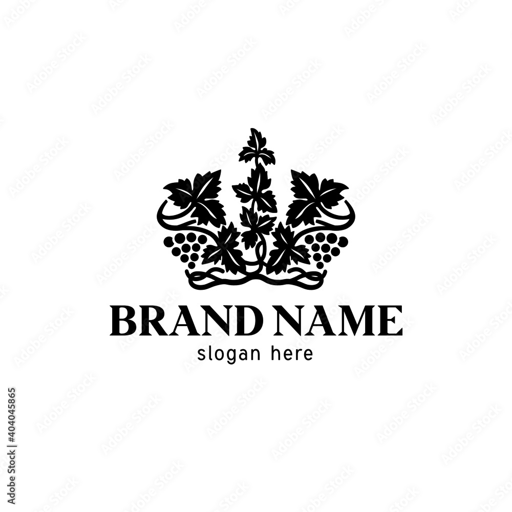 Vector logo design template perfect for winery, wine label and alcohol production. The crown is like a vine.