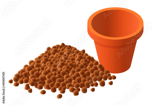 Isometric vector illustration pile of expanded clay aggregate and flower pot isolated on white background. Realistic pile of expanded clay drainage and plant pot vector icon in flat cartoon style.