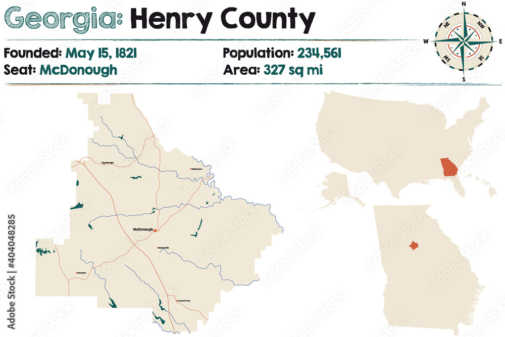 Large and detailed map of Henry county in Georgia, USA.