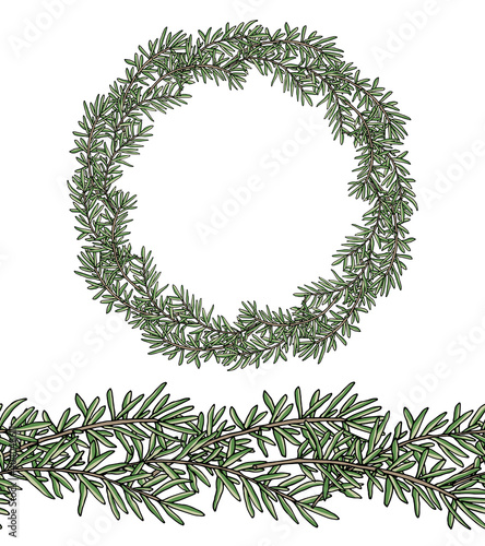 Wreath (garland) of branch rosemary and seamless brush or pattern for creating wreaths, patterns, etc. Beautiful circle frame, template. Vector illustration.