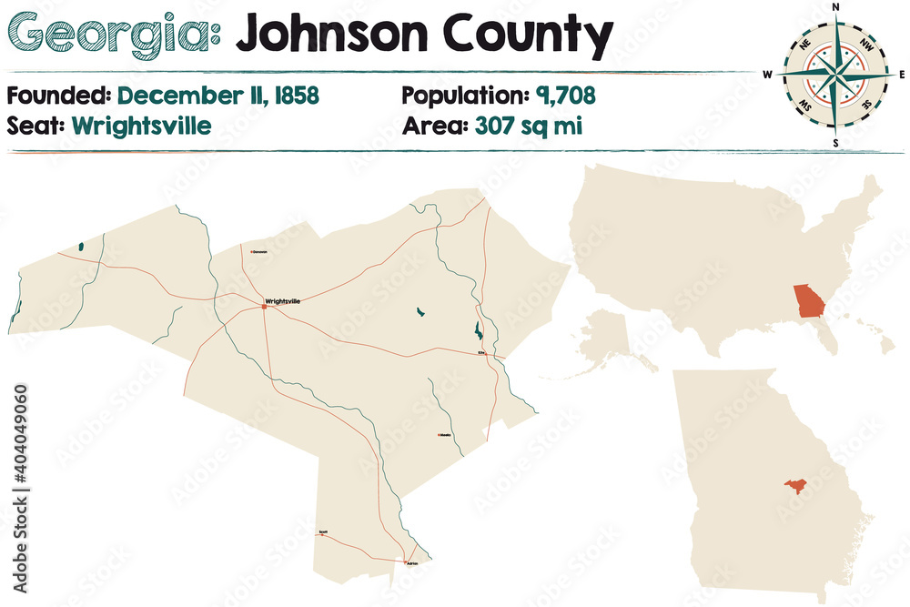 Large and detailed map of Johnson county in Georgia, USA.