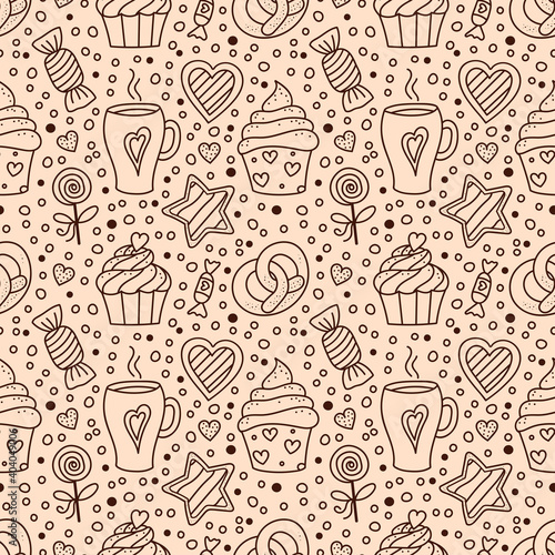 Holiday Pastry, Dessert Doodle vector seamless pattern. Sweet Food and Cup of Coffee. Cupcakes, Candies, Cookies, Hearts. Tea Party background for cafe menu, scrapbooking, wrapping, package paper