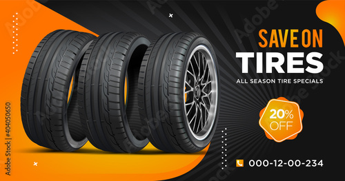 Tire sale out banner template. Grunge tire tracks background for landscape poster, digital banner, flyer, leaflet design. Disc on wheel in process of new tire replacement. photo
