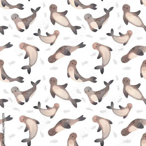 Seamless pattern. Watercolor illustration with cute seal on white background with grey fishes