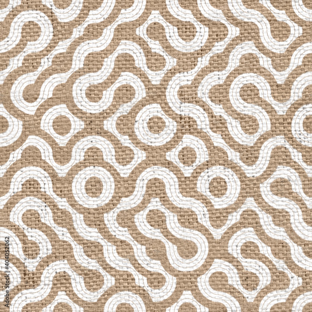Seamless burlap with white paint pattern overlay. High quality illustration. Real burlap fabric texture with digital pattern on top for print in various surface design uses. Great for interiors. Seamless burlap with white paint pattern overlay. High quality illustration. Real burlap fabric texture with digital pattern on top for print in various surface design uses. Great for interiors.