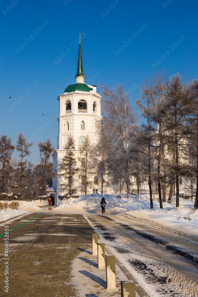 landscape of Irkutsk city of Russia during winter season,church and tree are cover by snow.It is very beautiful scene shot for photographer to take picture.Winter is high season to travelling Russia
