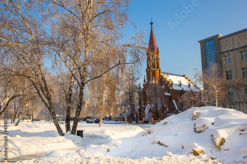 landscape of Irkutsk city of Russia during winter season,church and tree are cover by snow.It is very beautiful scene shot for photographer to take picture.Winter is high season to travelling Russia 