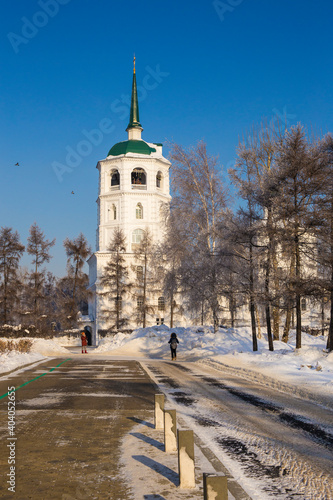 landscape of Irkutsk city of Russia during winter season,church and tree are cover by snow.It is very beautiful scene shot for photographer to take picture.Winter is high season to travelling Russia 