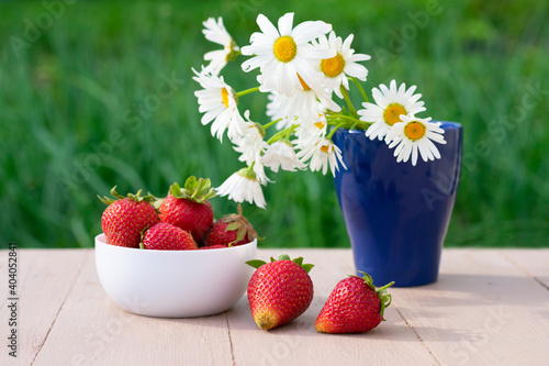 Fototapeta Naklejka Na Ścianę i Meble -  White bowl with sweet red strawberries and blue vase with chamomile flowers on green blurred background. Summer composition with seasonal berries