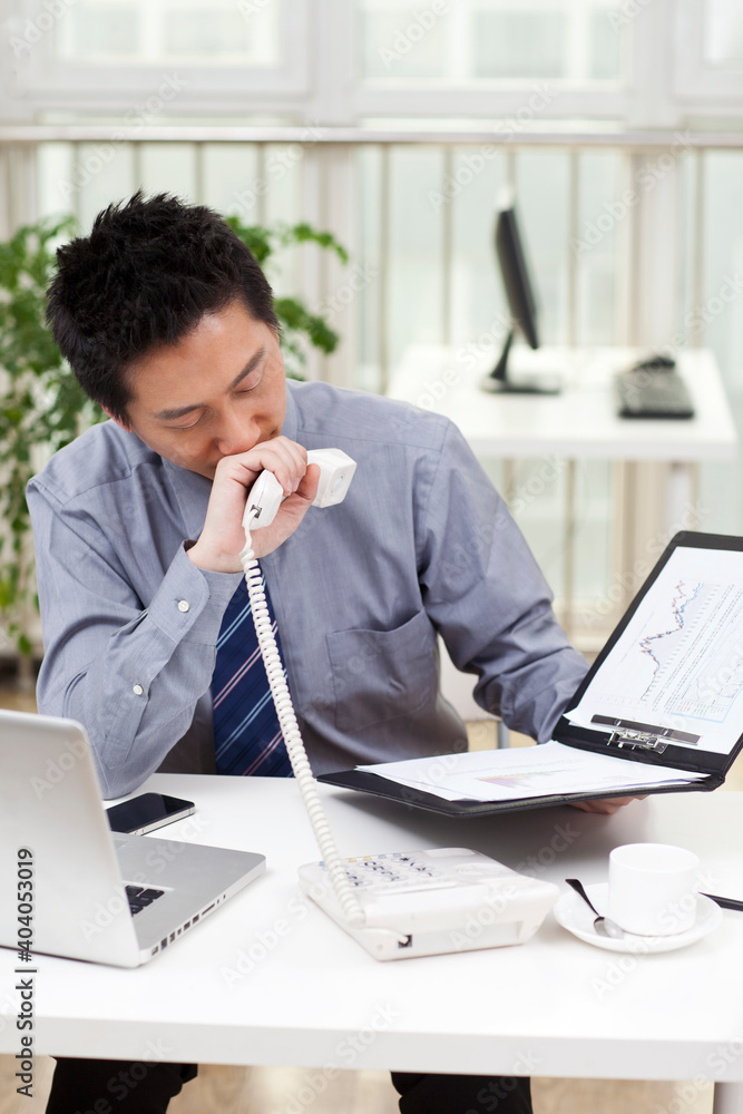 Businessman using a laptop and phono in an office Businessman using a laptop and phono in an office