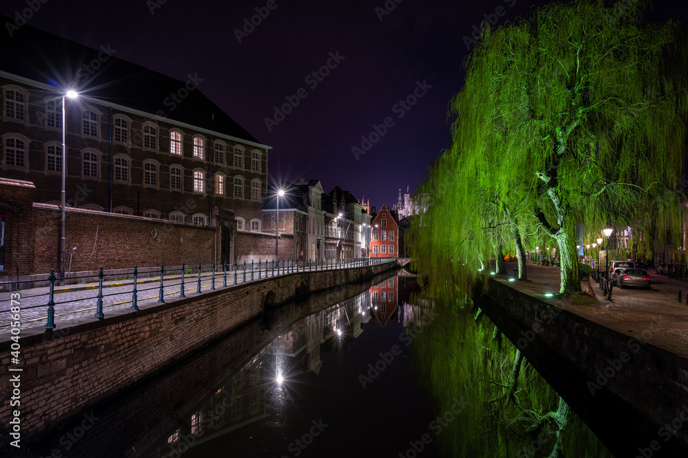One of the Ghent canals at night, Belgium.